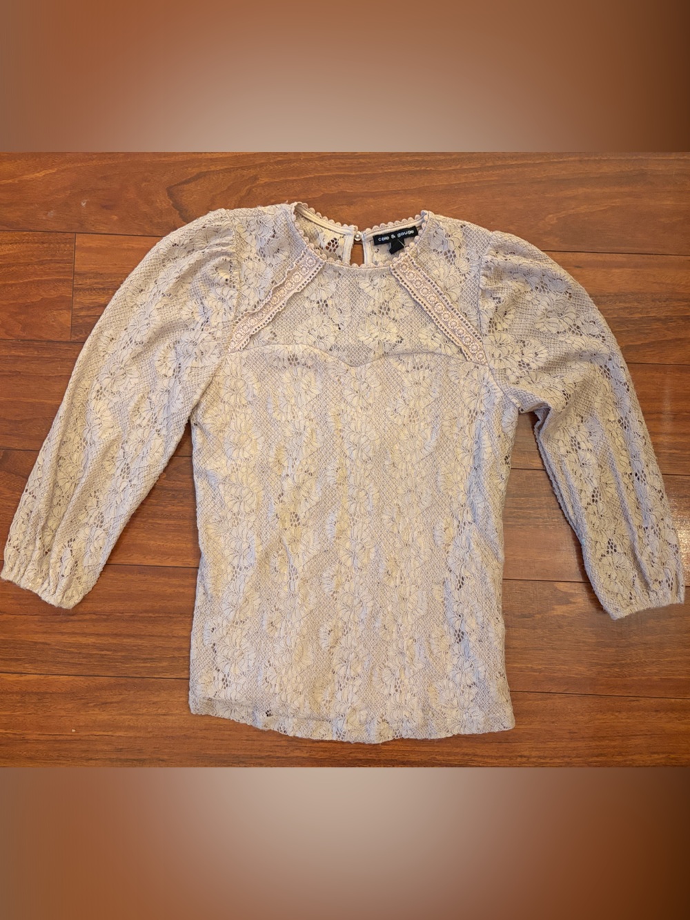Cable & Gauge Lace Puff-Sleeve Blouse in Light Beige
